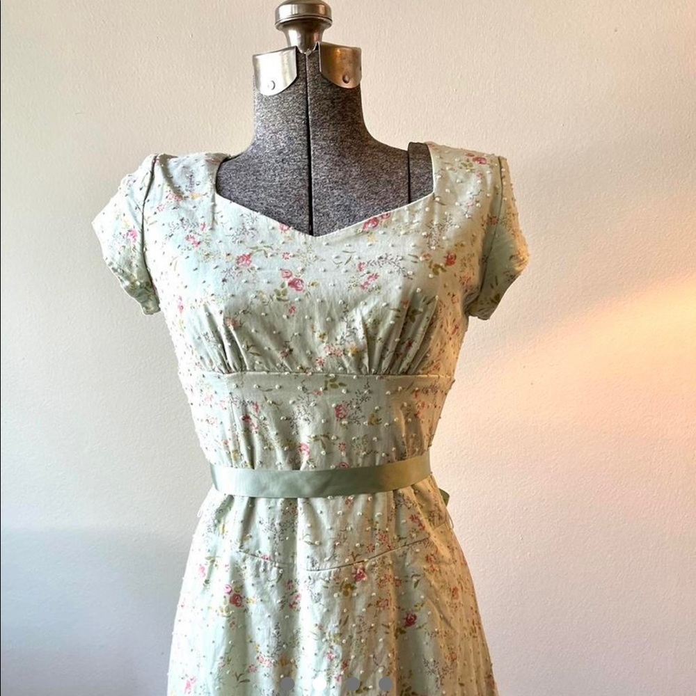 Vintage Sage Ivory Green Floral Pink Flowers Cottagecore Cottage Dress